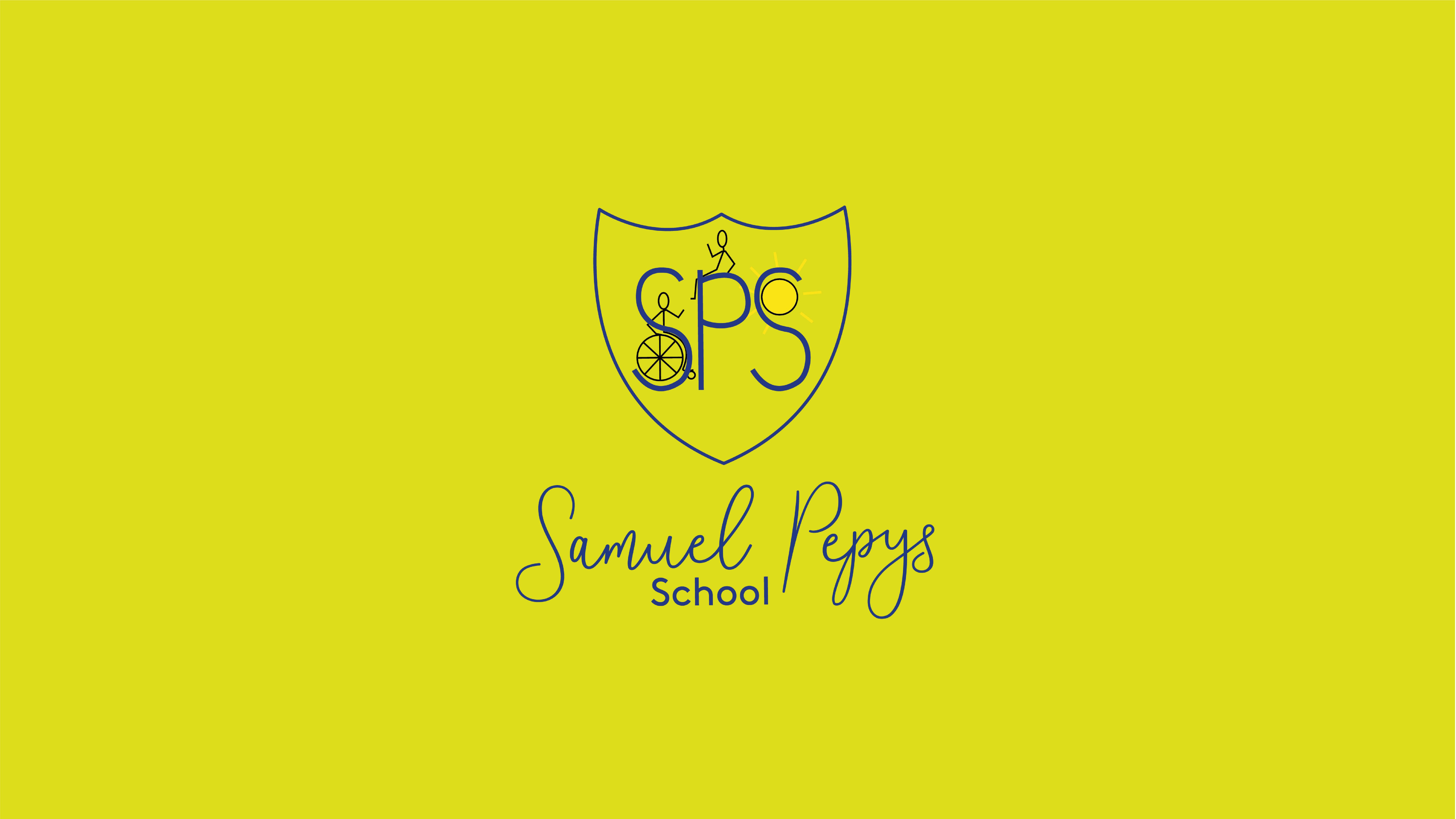 yellow background with blue school emblem and handwritten text